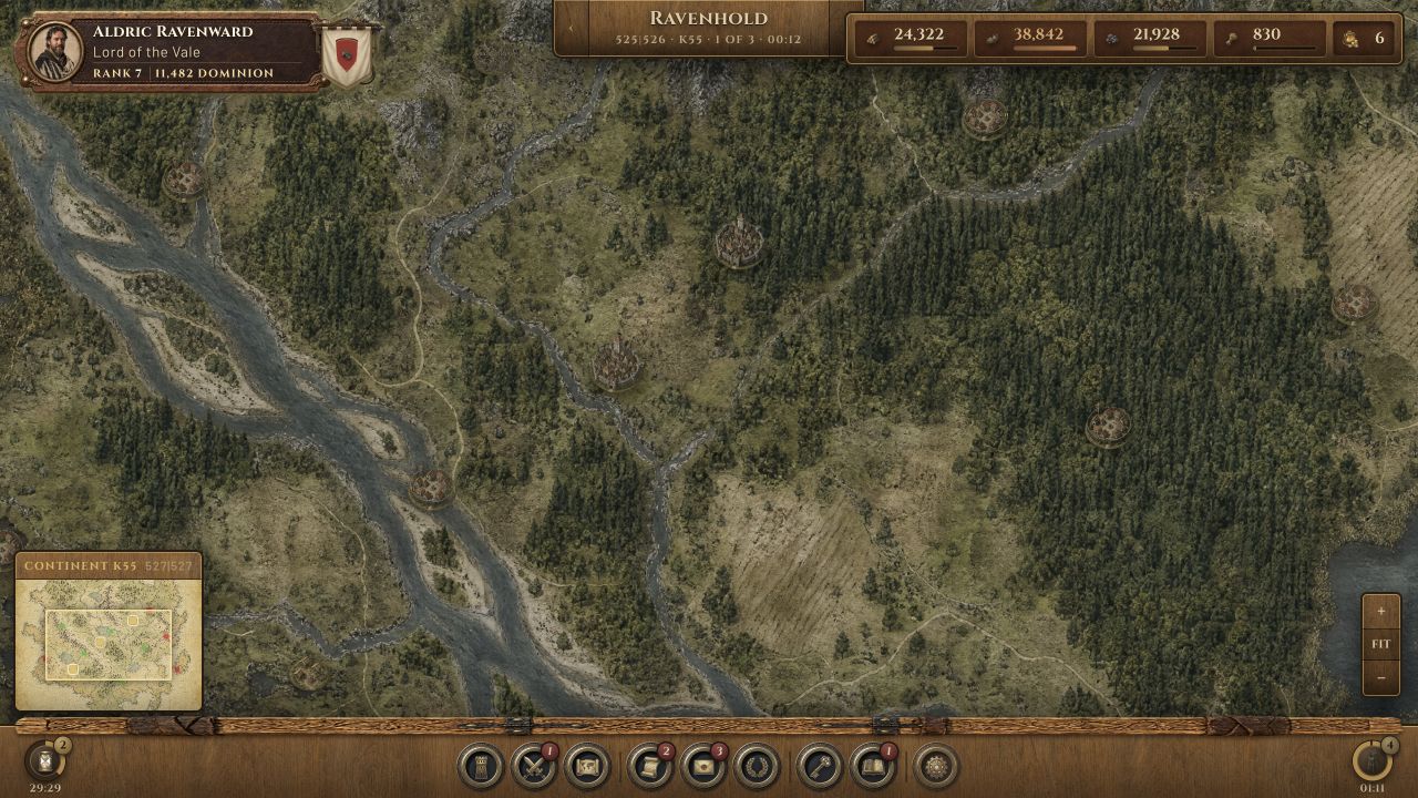 The K55 world map with holdings, rivers, roads, and forests